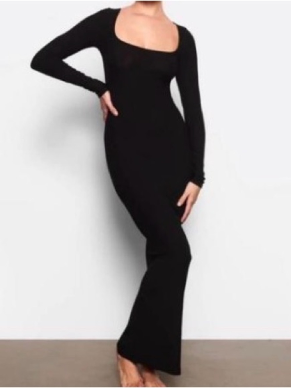 SKIMS Black Long-Sleeve Square-Neck Maxi Dress NWT